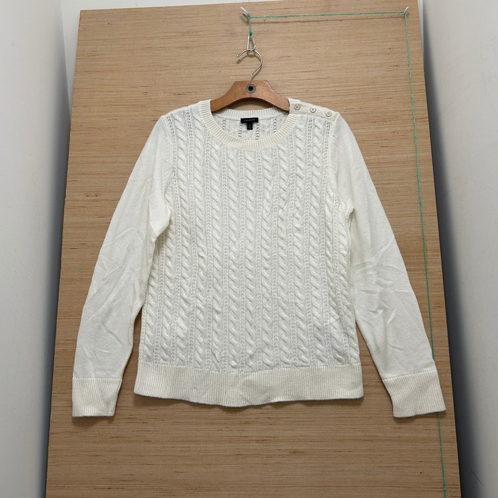 Talbots Ivory Cable Knit Sweater Womens Medium Cream Shoulder Button Long Sleeve - Picture 1 of 7